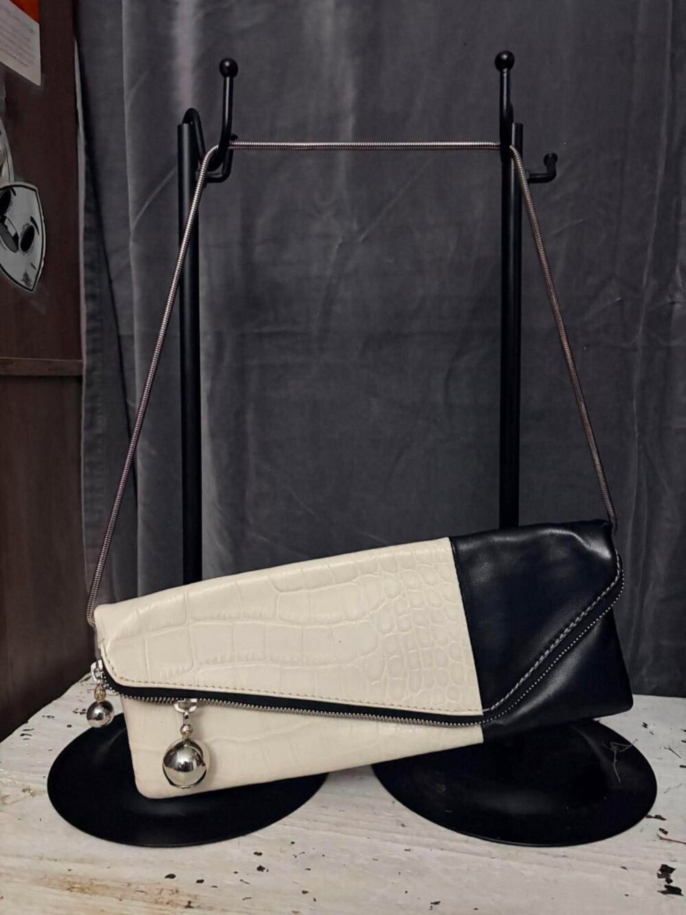 **Henri Bendel Black & Ivory Croc Embossed Convertible Crossbody Clutch**